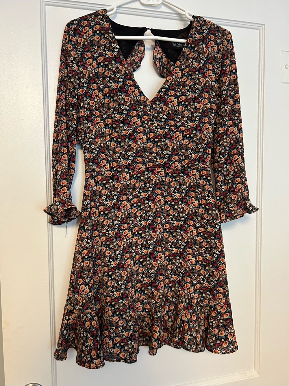 Topshop Floral V-Neck Long Sleeve Women’s Dress - Black Multi